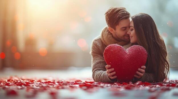 Ai Generated A Loving Couple Holding A Glittering Red Heart Close Surrounded By A Romantic Bokeh Light Effect Celebrating Valentine S Day Free Photo
